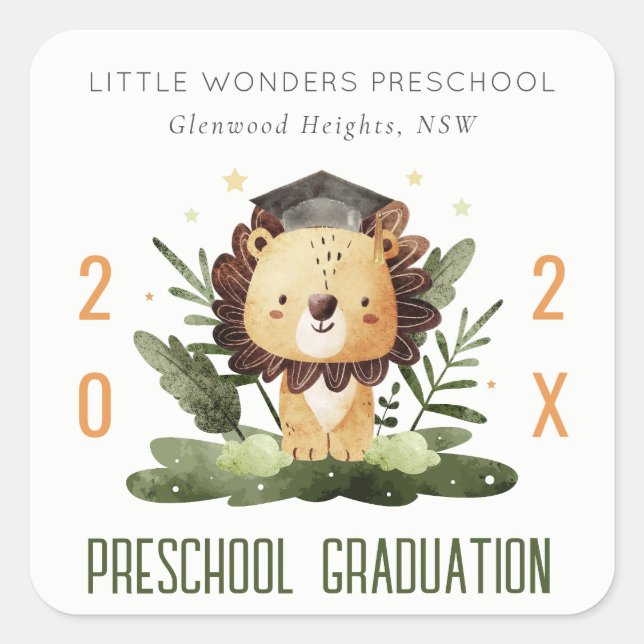 Rustic Cute Kids Lion Foliage Preschool Graduation Square Sticker (Front)