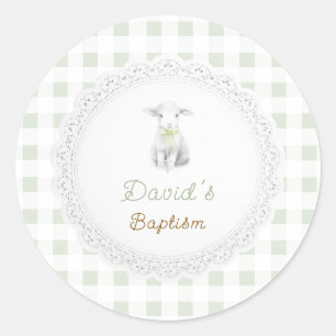 rustic cute lamb sage green gingham Baptism Classic Round Sticker