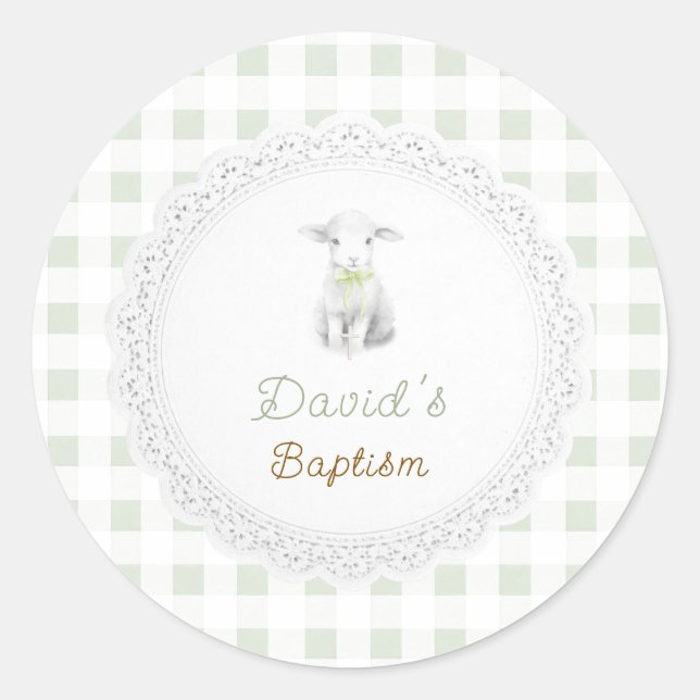 rustic cute lamb sage green gingham | Baptism  Classic Round Sticker (Front)