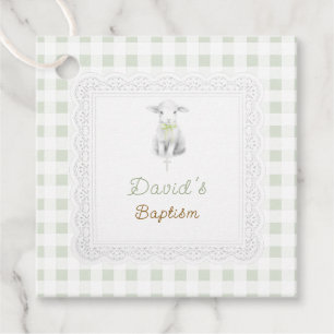 rustic cute lamb sage green gingham Baptism Favour Tags