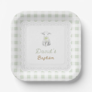 rustic cute lamb sage green gingham Baptism Paper Plate