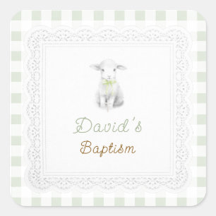 rustic cute lamb sage green gingham Baptism Square Sticker