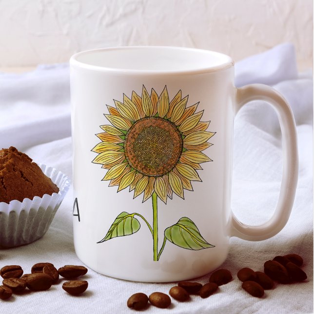 Rustic Cute Personalised Name Watercolor Sunflower Coffee Mug (Creator Uploaded)