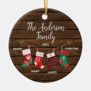 Rustic Cute Socks Family of 4 With Names Ceramic Ornament