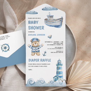 Rustic Cute Teddy Bear Nautical Boat Baby Shower All In One Invitation