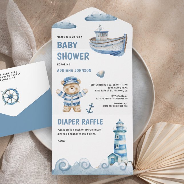 Rustic Cute Teddy Bear Nautical Boat Baby Shower All In One Invitation (Creator Uploaded)