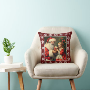 Rustic Cute Vintage Snowflakes Santa Claus Winter  Cushion
