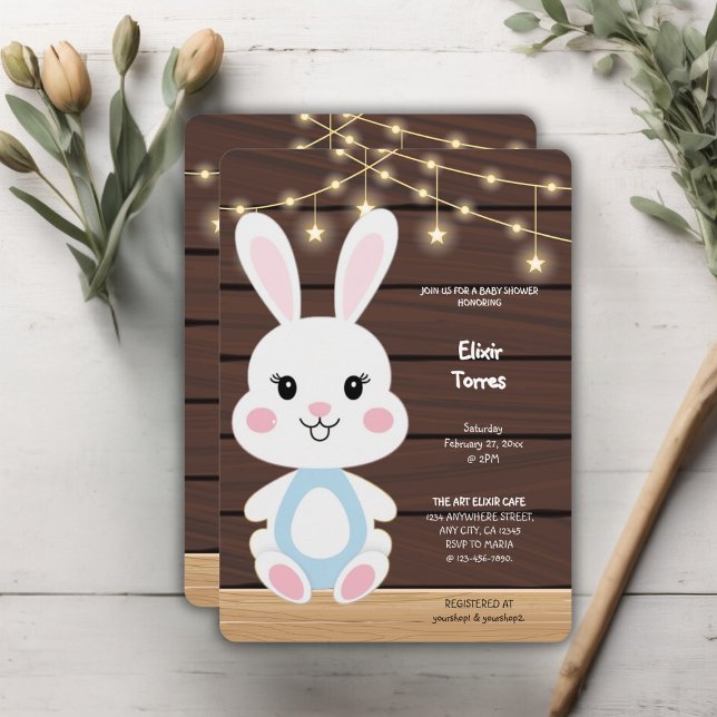 Rustic Cute White Bunny Baby Shower Invitation (Creator Uploaded)