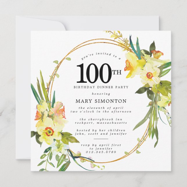 Rustic Daffodil 100th Birthday Dinner Party Invitation (Front)