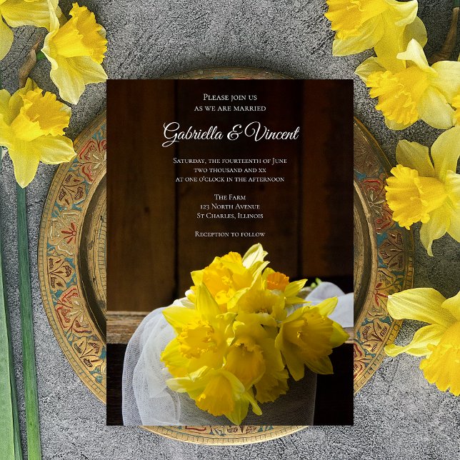 Rustic Daffodils Barn Wood Country Spring Wedding Invitation (Creator Uploaded)