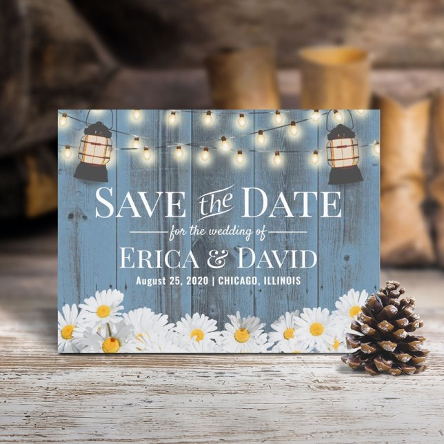 Rustic Daises & Lantern Dusty Blue Save the Date Announcement Postcard (Creator Uploaded)