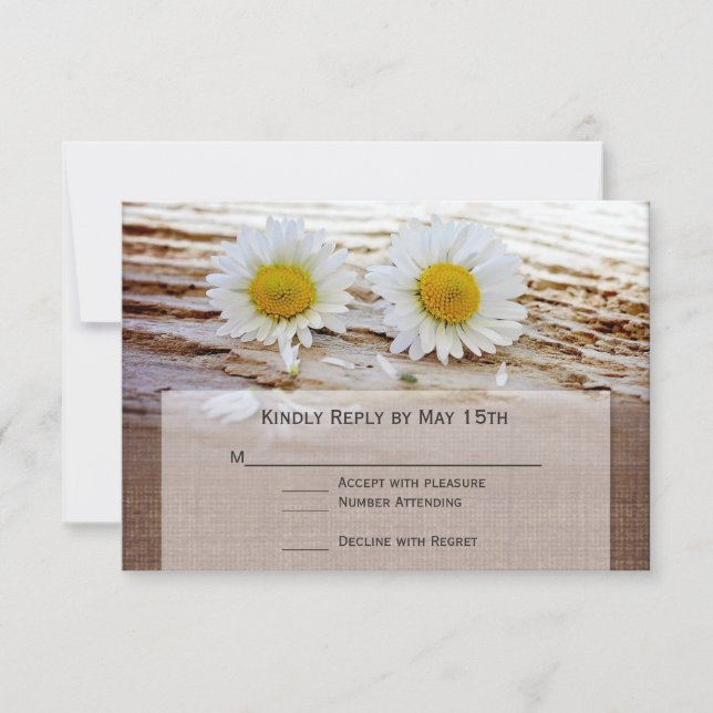 Rustic Daisies Burlap Print Wedding RSVP Cards (Front)