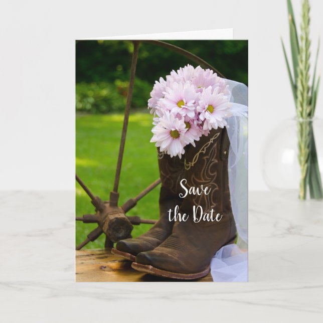 Rustic Daisies Cowboy Boots Wedding Save the Date Announcement (Front)