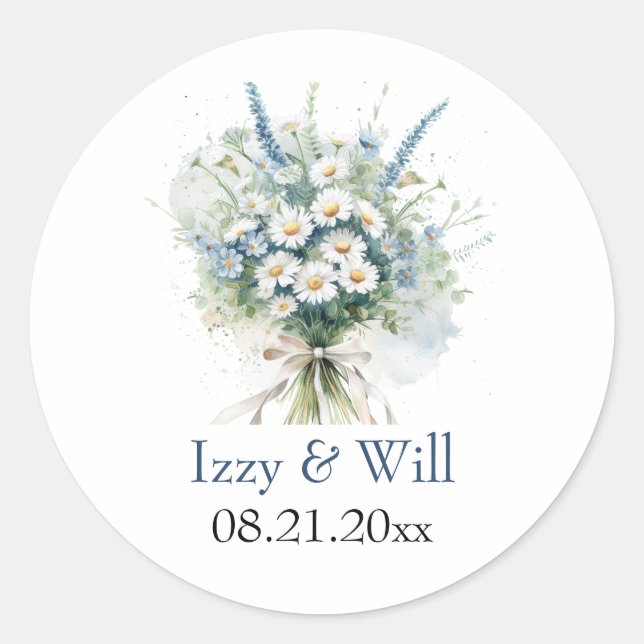Rustic Daisies & Faded Blue Denim Wildflowers Classic Round Sticker (Front)