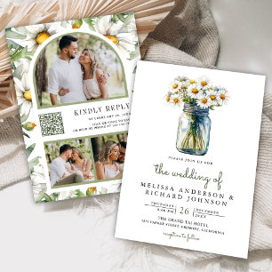Rustic Daisies Floral Mason Jar QR Code Wedding Invitation