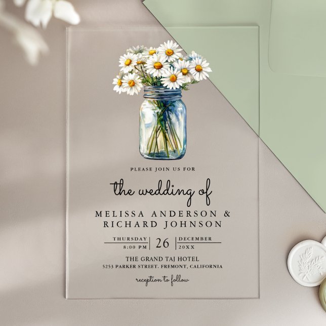 Rustic Daisies Floral Mason Jar Wedding Acrylic Invitations (Creator Uploaded)