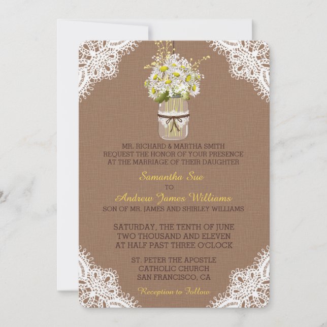 Rustic Daisies Mason Jar Lace Wedding Invitation (Front)