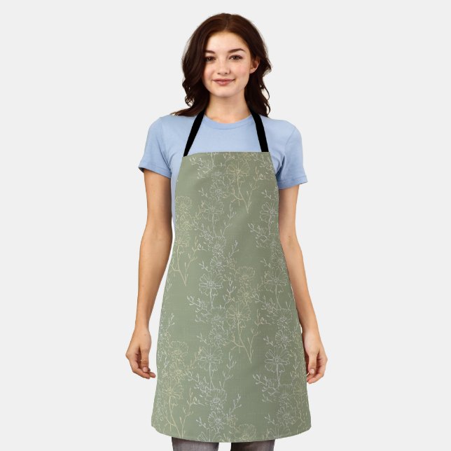  Rustic Daisies on Sage Green, Botanical Luxury  Apron (Worn)