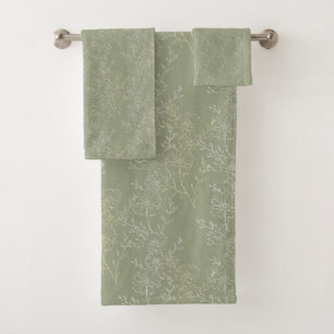  Rustic Daisies on Sage Green, Botanical Luxury  Bath Towel Set