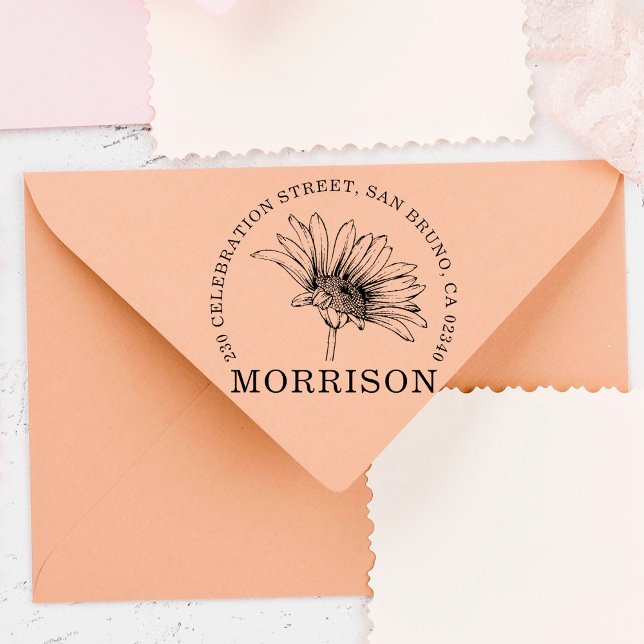 Rustic Daisy Flower Name & Round Return Address Rubber Stamp (Creator Uploaded)