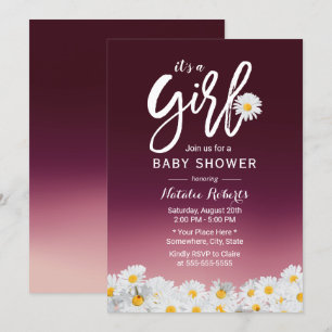 Rustic Daisy Flowers Burgundy Red Girl Baby Shower Invitation