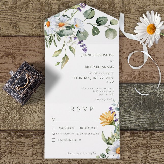 Rustic Daisy & Lavender Floral White Dinner All In One Invitation (Creator Uploaded)