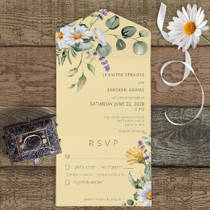 Rustic Daisy & Lavender Floral Yellow Dinner All In One Invitation