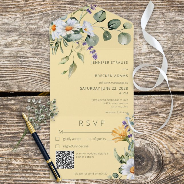 Rustic Daisy & Lavender Floral Yellow QR Code All In One Invitation (Creator Uploaded)