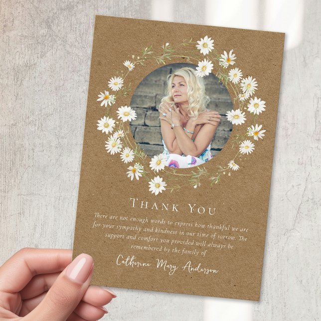 Rustic Daisy Photo Sympathy Funeral Memorial Thank You Card (Creator Uploaded)