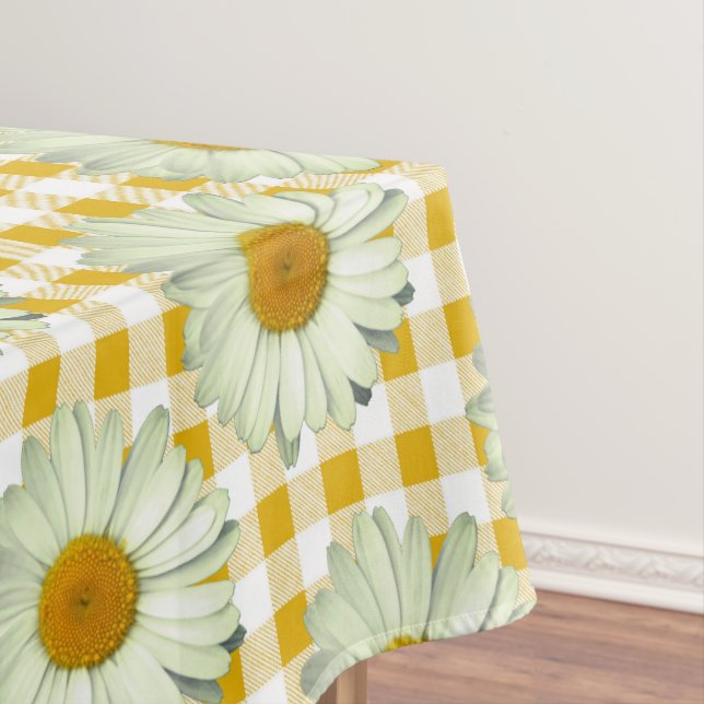 Rustic Daisy Yellow Floral Gingham Pattern Tablecloth (In Situ)