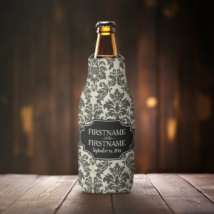 Rustic Damask Pattern in Black and Parchment Bottle Cooler