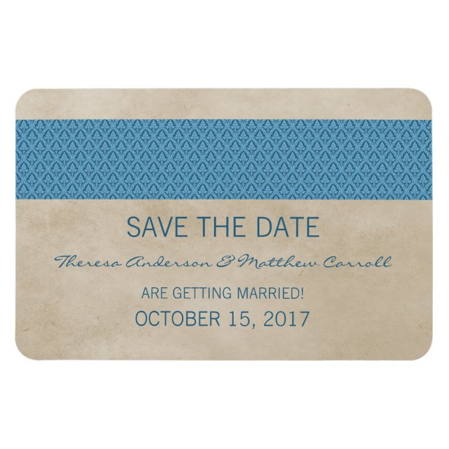 Rustic Damask Save the Date Magnet, Blue Magnet (Horizontal)