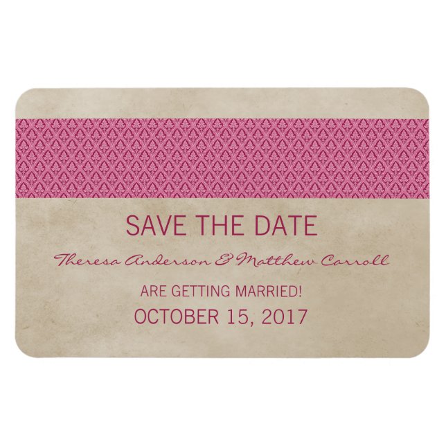 Rustic Damask Save the Date Magnet, Pink Magnet (Horizontal)
