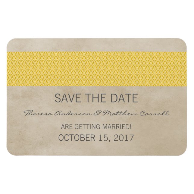 Rustic Damask Save the Date Magnet, Yellow Magnet (Horizontal)