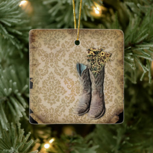 rustic damask western country cowboy boot ceramic ornament