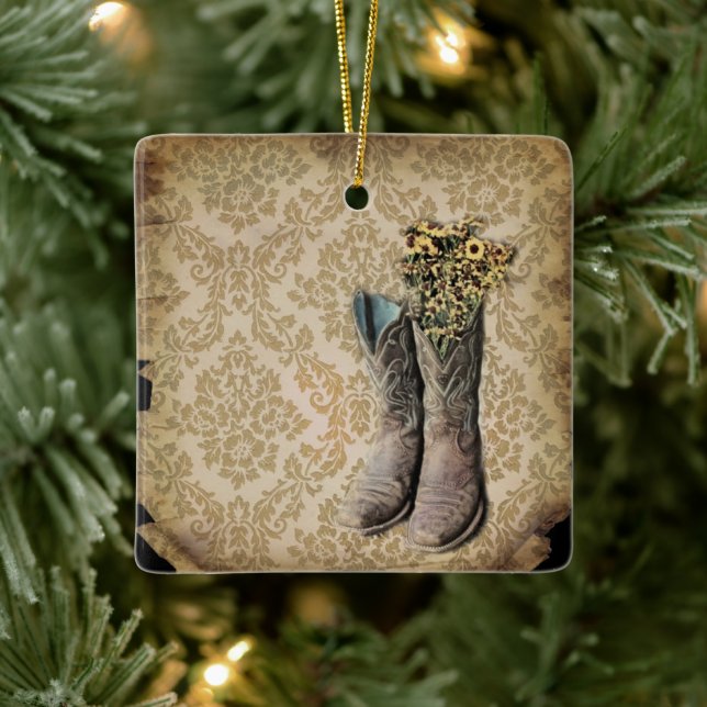 rustic damask western country cowboy boot ceramic ornament (Tree)