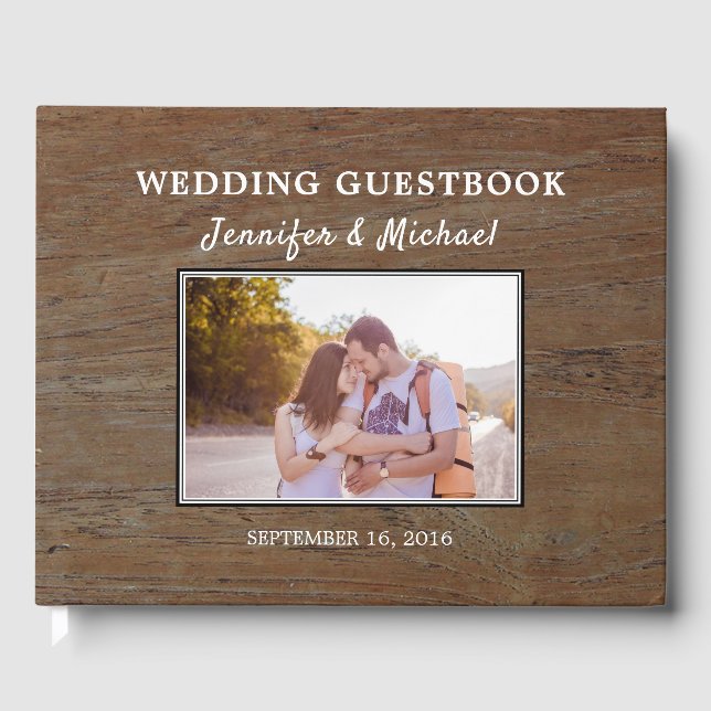 Rustic dark barn wood photo couple wedding guest book (Front)