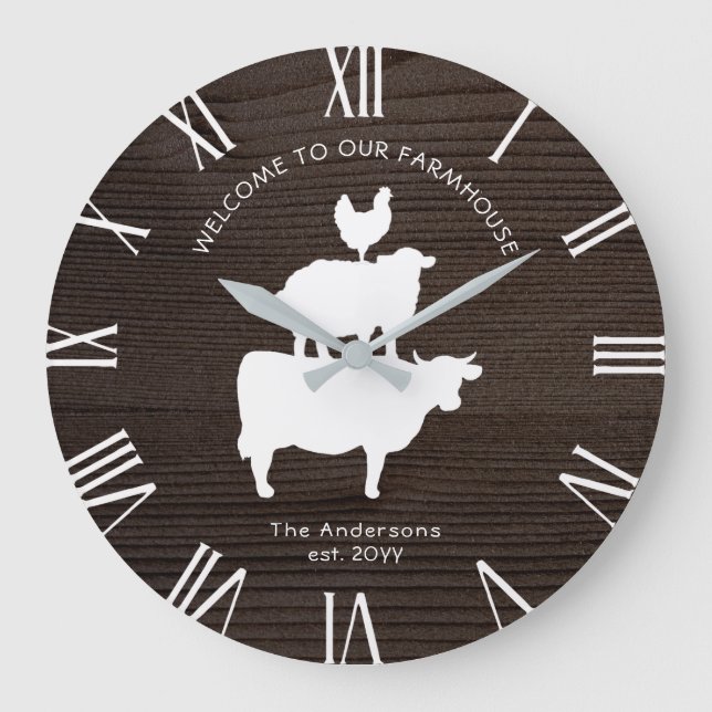 Rustic Dark Barn Wood Stack Animals Farmhouse  Large Clock (Front)