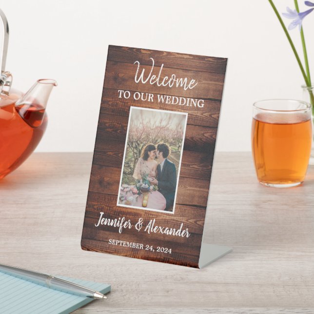 Rustic dark barn wood Welcome wedding photo Pedestal Sign (In SItu)