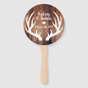 Rustic Dark Barn Wood & White Deer Antlers Wedding Hand Fan