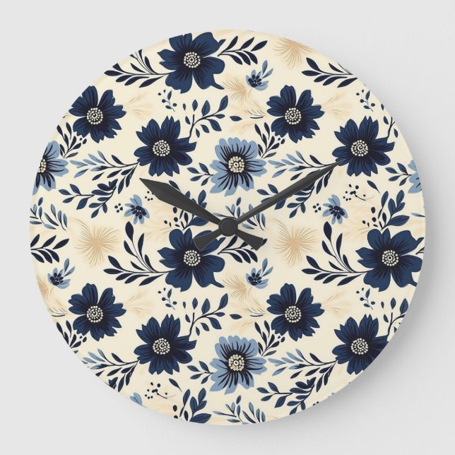 Rustic Dark Blue Beige Flower Folk Art Print Large Clock (Front)