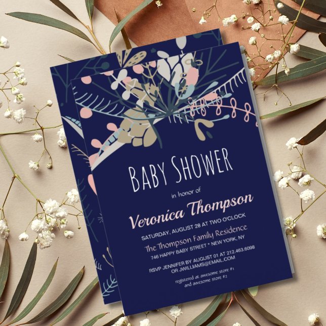Rustic Dark Blue & Pastel Botanical Baby Shower Invitation (RUSTIC DARK BLUE BOTANICAL BABY SHOWER INVITATION)