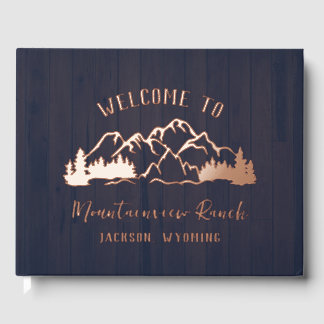Rustic Dark Blue Wood Mountain Landscape Guest Book