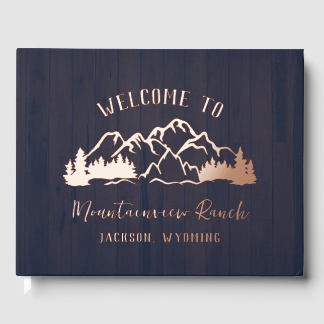 Rustic Dark Blue Wood Mountain Landscape Guest Book (Front)