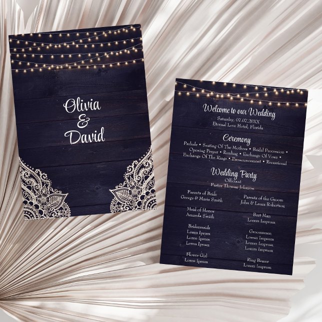 Rustic Dark Blue Wood String Light Wedding Program (Rustic Dark Blue Wood String Light Wedding Program on a sunny white dry palm leaf.)