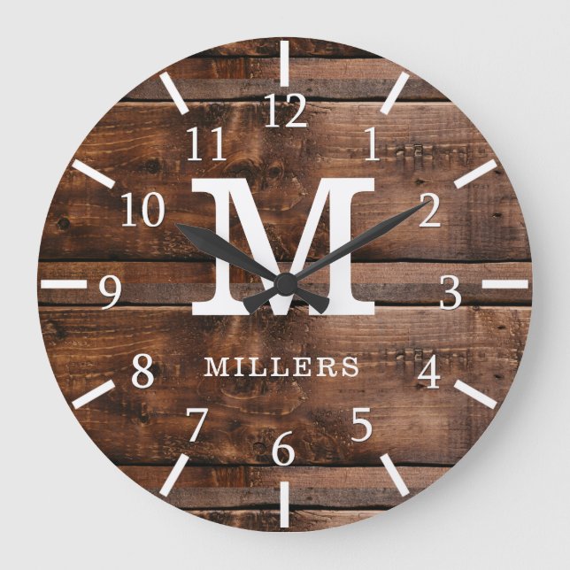 Rustic Dark Brown Barn Wood Family Name Monogram Large Clock (Front)