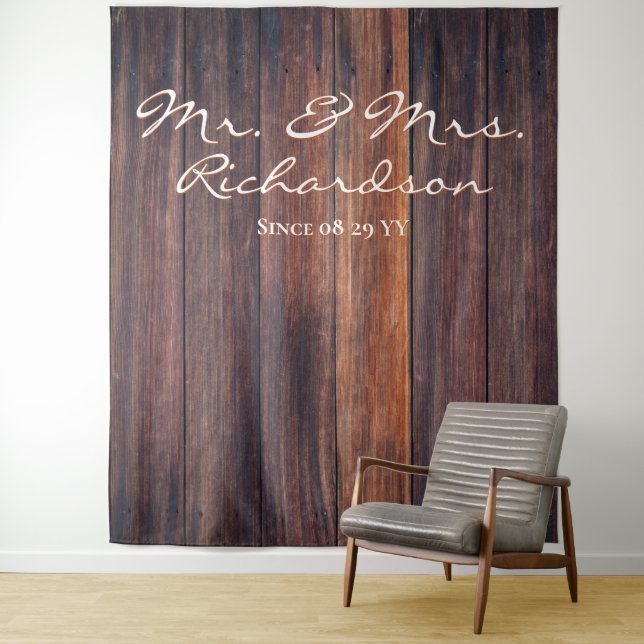 Rustic Dark Brown Barn Wood Photo Backdrop Wedding Tapestry (In Situ)