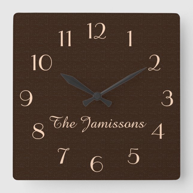 Rustic Dark Brown Faux Burlap Name Round or Square Wall Clock (Front)