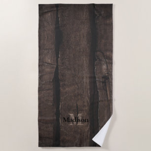 Rustic dark brown grey old wood Monogram Beach Towel