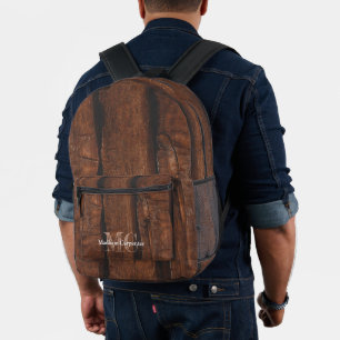 Rustic dark brown old wood Carpenter Monogram name Printed Backpack